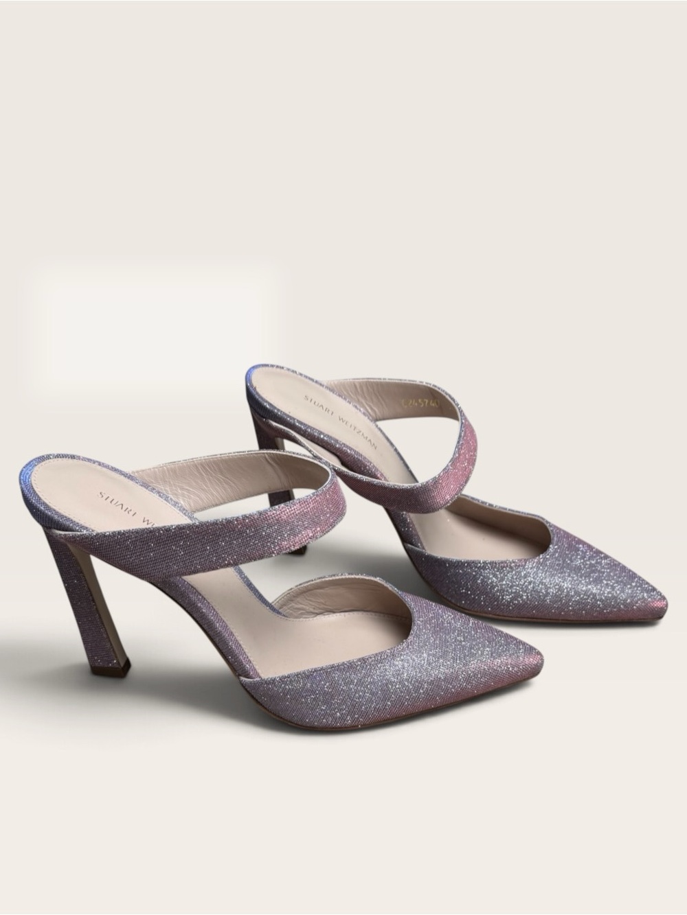 Stuart Weitzman Iridescent Glitter Pointed Toe Mule Heels Size 7.5